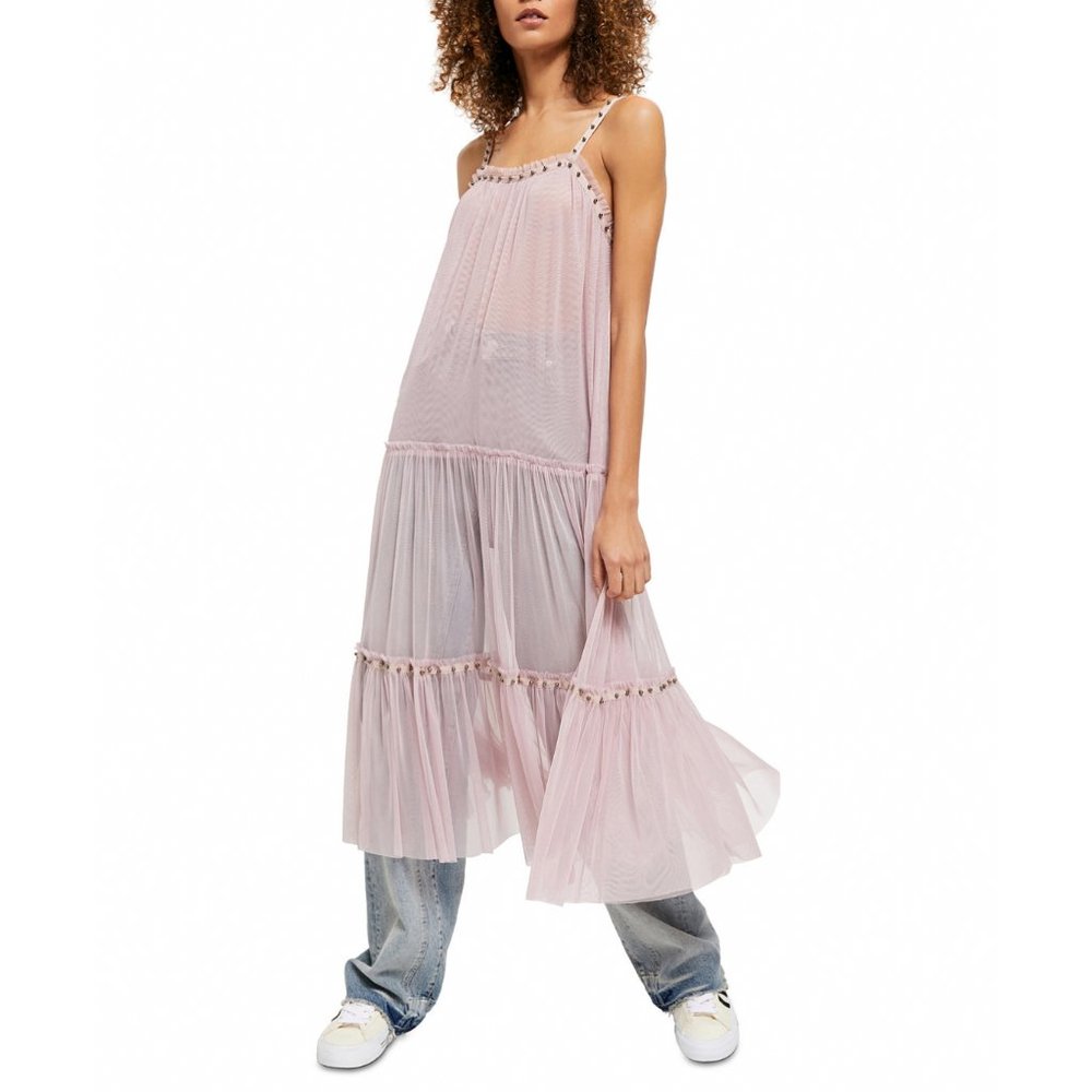 Free People Womens Midi Dress Small Pink Studded Mesh Night Out Tiered Trapeze